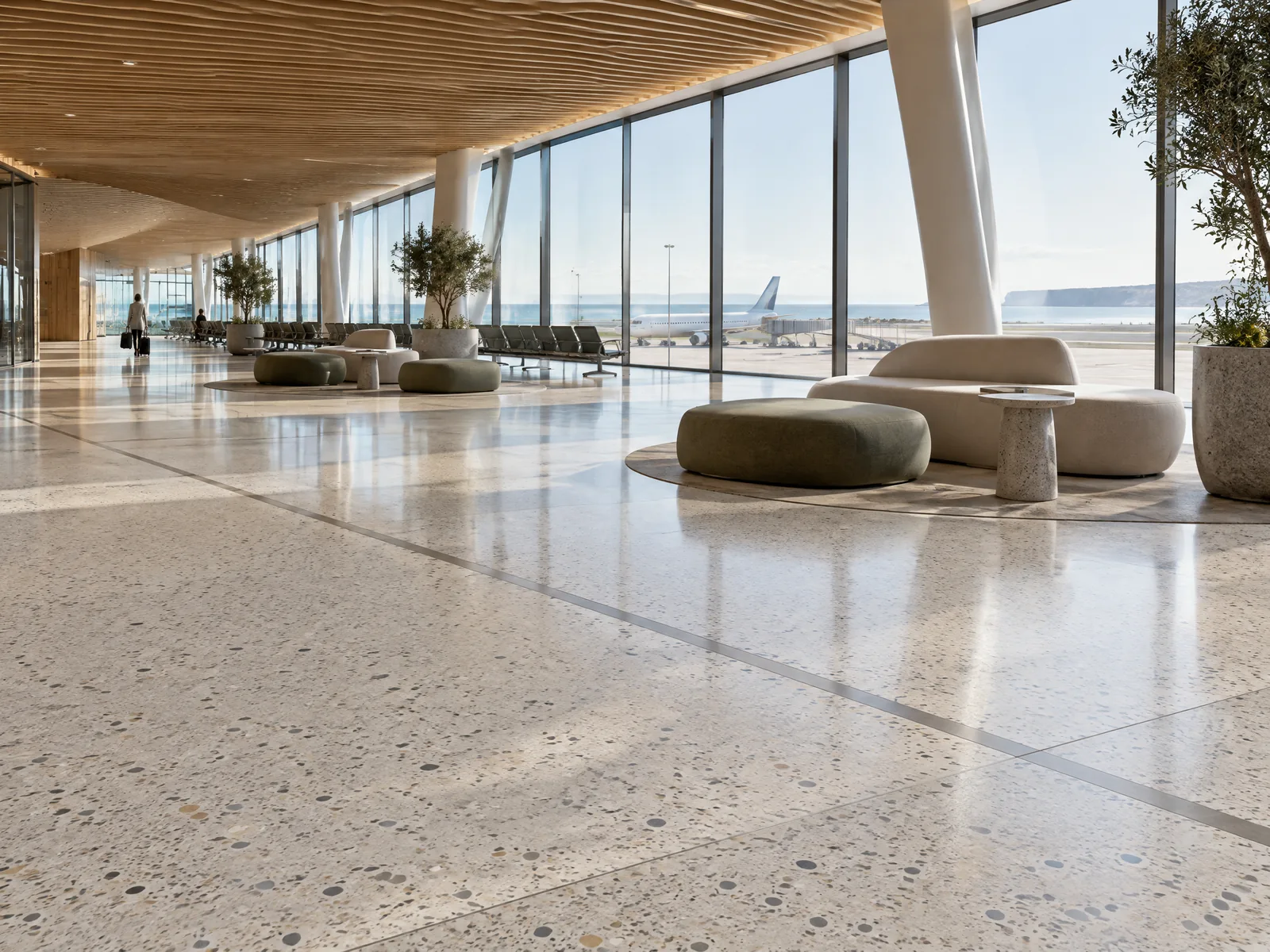 Illustrative airport hall with a mineral Terrazzo floor and expansive circulation areas