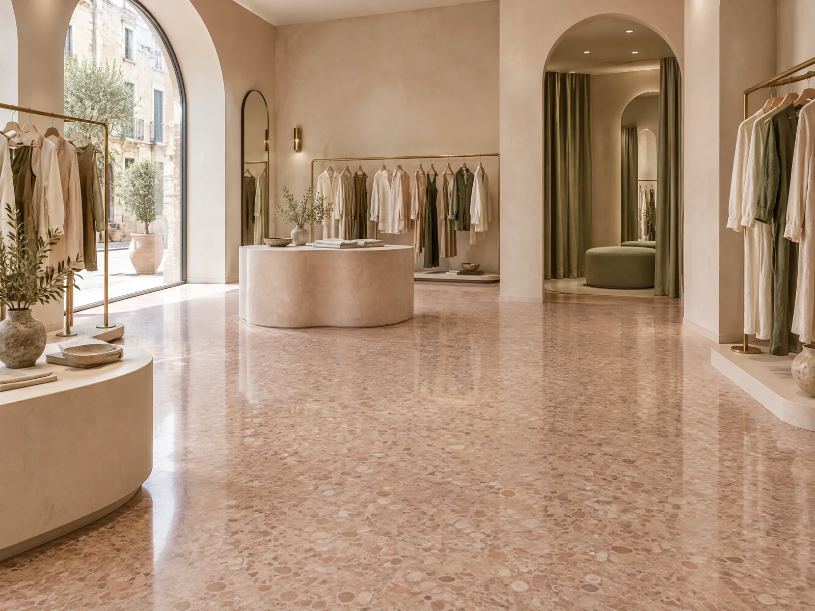 Illustrative premium fashion boutique with a warm Terrazzo floor and pared-back displays