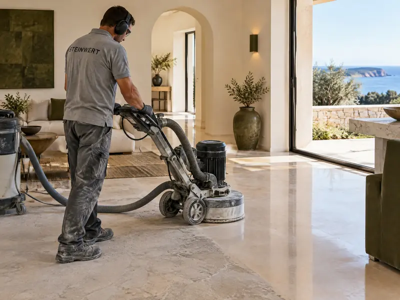 SteinWert craftsperson grinding an interior limestone floor in an Algarve villa