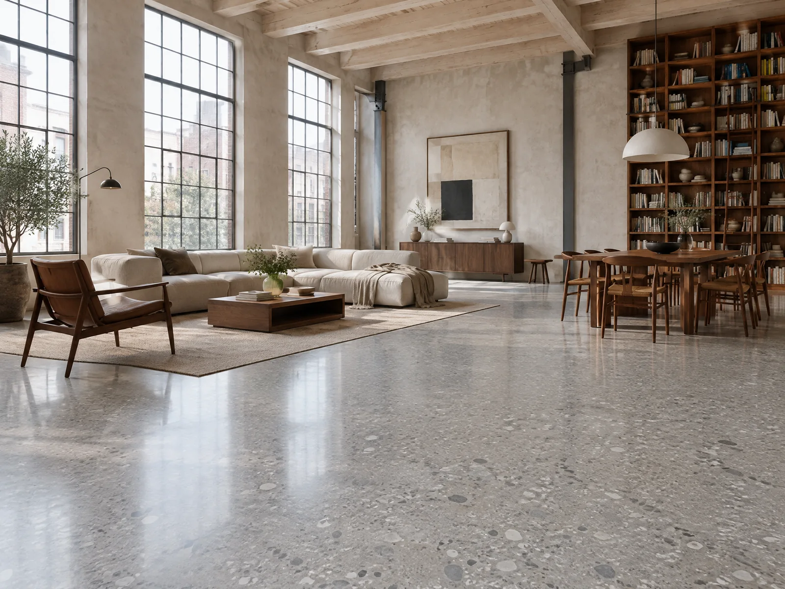 Illustrative premium loft with a large-format grey Terrazzo floor, tall windows and timber beams
