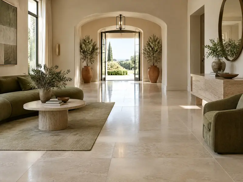 Elegant villa entrance hall with a honed limestone floor in Quinta do Lago