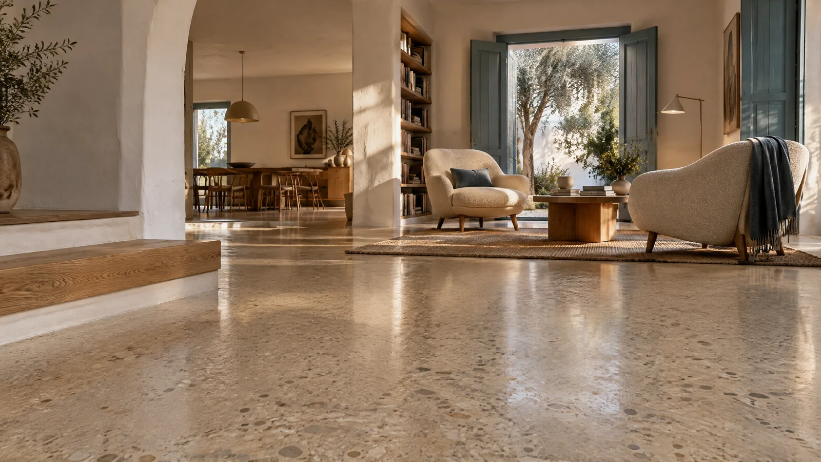 Illustrative renovated Portuguese home with a light mineral Terrazzo floor and retained architectural details