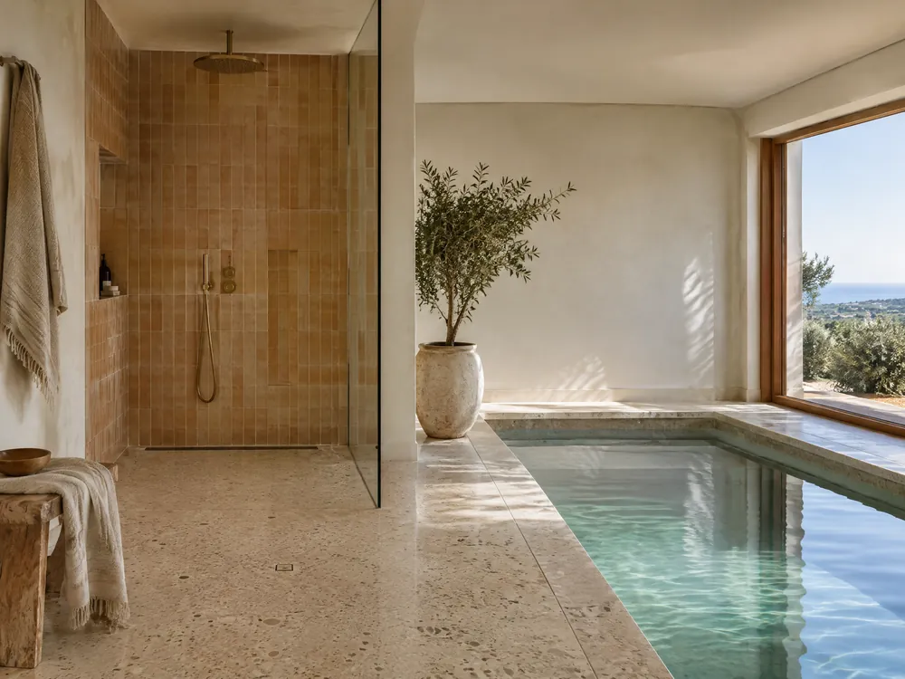Private spa interior with ceramic, terrazzo and a calm plunge pool
