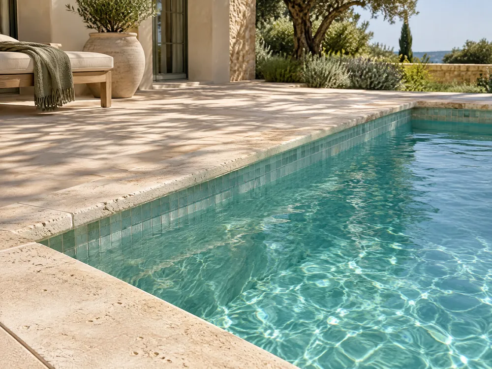 Limestone pool coping beside a ceramic waterline in an Algarve-style villa