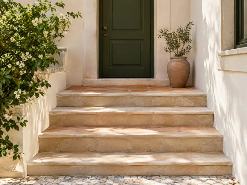 Limestone and terracotta entrance steps at a Tavira townhouse