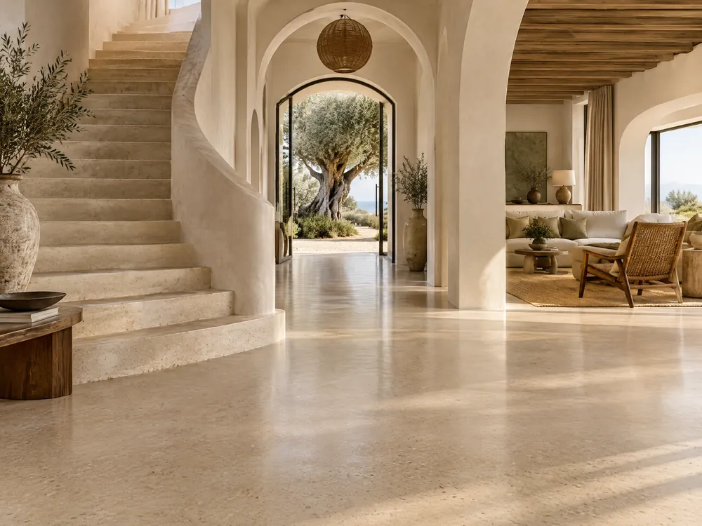 Heller fugenloser Terrazzo im Eingangsbereich eines Algarve-inspirierten Hauses