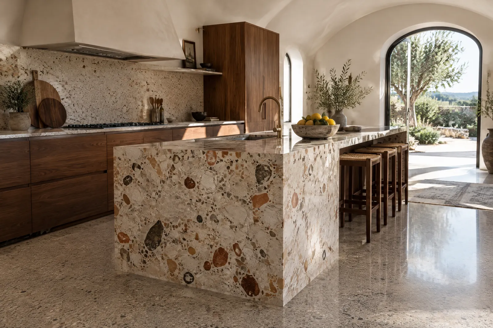 Cozinha mediterrânica gerada por IA, com pavimento de terrazzo e ilha de terrazzo marcante