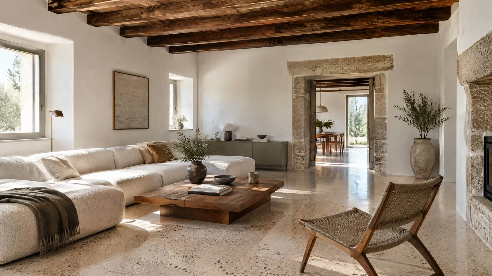 Casa portuguesa renovada gerada por IA, com vigas de madeira e novo pavimento de terrazzo