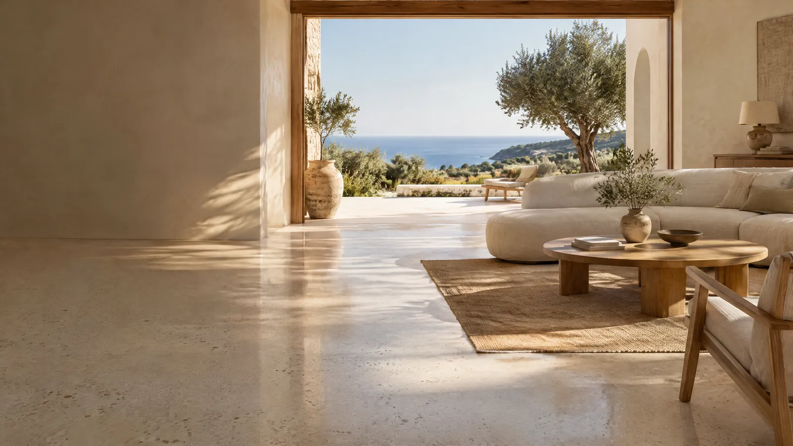 Illustrative Algarve-Villa mit heller fugenloser Terrazzofläche und Meerblick