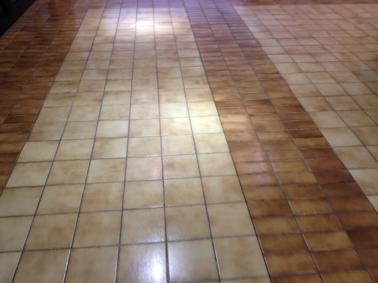 Pavimento de ladrilho com uma grelha de juntas bem visível e diferentes reflexos de luz