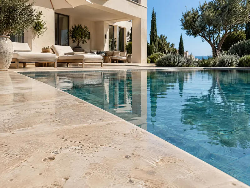Pale limestone pool surround at an Algarve villa in Vilamoura