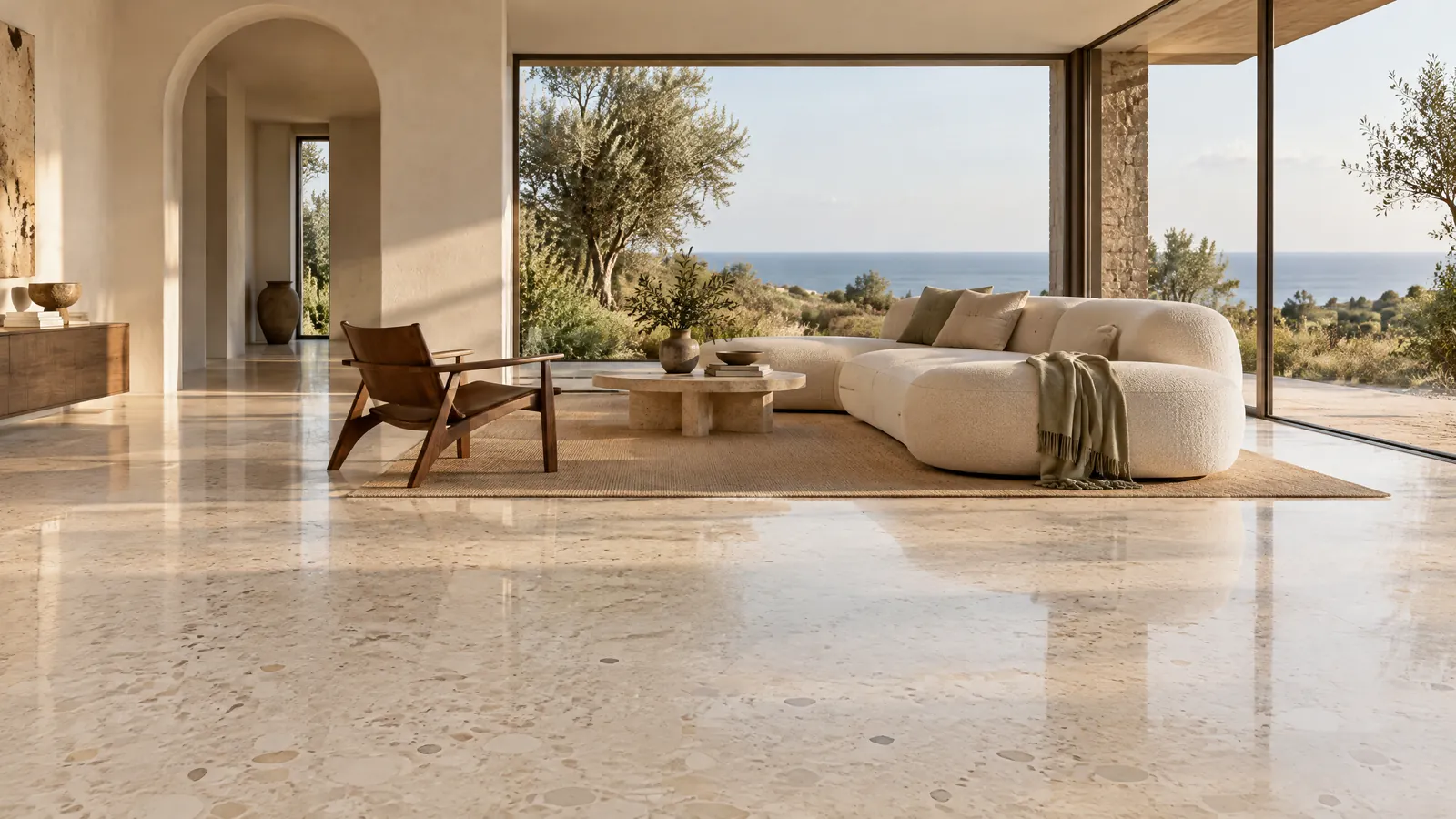 Moradia no Algarve gerada por IA, com pavimento de terrazzo quente, oliveiras e vista para o mar