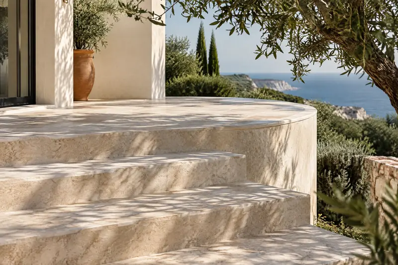 Curved restored limestone terrace and steps in the western Algarve